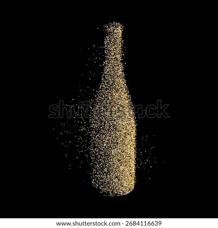 Bottle of champagne with glitter dust. Vector sparkle xmas decor with twinking effect. Glamorous and festive item for celebrate Christmas and New year, weddings or milestone special events
