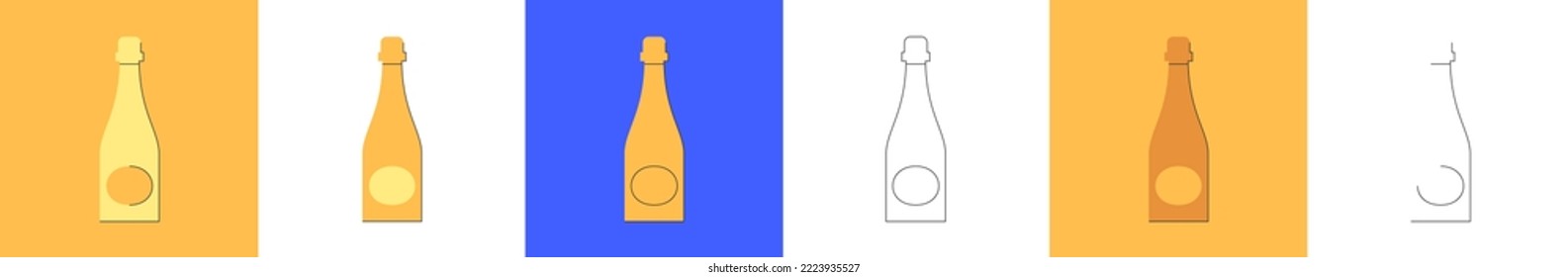 Bottle of champagne, great design for any purposes. Flat style. Party drink concept. Vector color icon bottle. Simple image shape with a thin line of shadow. Four types of object on different backdrop