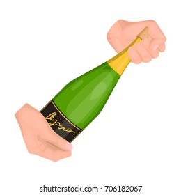 A bottle of champagne in hands. Champagne single icon in cartoon style vector symbol stock illustration web.