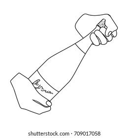 A bottle of champagne in hands. Champagne single icon in outline style vector symbol stock illustration web.