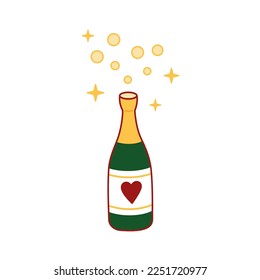 Bottle of champagne icon. Wine bottle with bubbles. Champagne vintage glass bottle of sparkling wine. Hand drawn Vector illustration in doodle style. Valentines day illustration