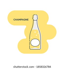 Bottle champagne line art in flat style. Restaurant alcoholic illustration for celebration design. Design contour element. Beverage outline icon. Isolated on shape background in graphic style. Vector.
