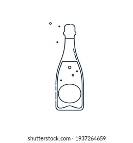 Bottle champagne line art in flat style. Restaurant alcoholic illustration for celebration design. Vector design contour element. Beverage outline icon. Isolated on white background in graphic style 
