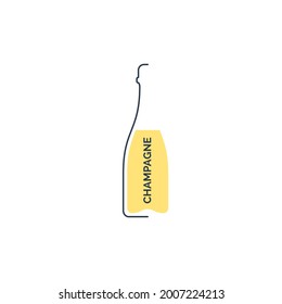 Flaschenkampagner im linearen Stil auf weißem Hintergrund. Schwarz dünne Umrisse in Form eines Konturschattens und gelber Füllung. Modernes, flaches Grafikdesign. Logo-Illustration. Circuit Drink Symbol.
