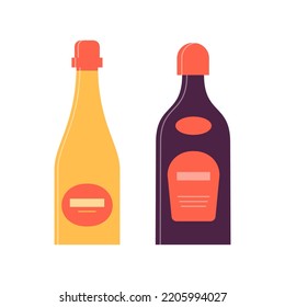 Bottle of champagne and liquor. Great design for any purposes. Icon bottle with cap and label. Flat style. Color form. Party drink concept. Simple image shape. Vector.
