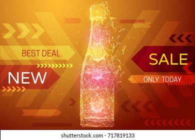 Bottle of champagne low poly in the form of a starry sky or space, consisting of points, lines, and shapes. Sale market banner. Vector wireframe concept.