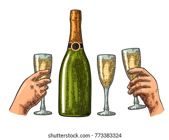 Bottle of champagne, male and female hand hold glass. Vintage color vector engraving illustration for web, poster, invitation to party. Hand drawn design element isolated on white background.