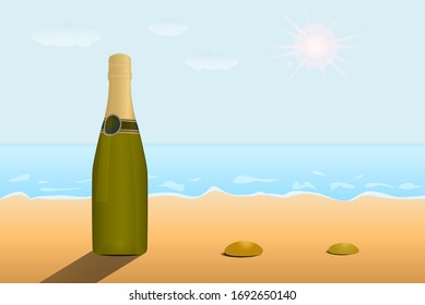 A bottle of champagne on a sandy beach by the sea. Sandy summer beach in the sun.