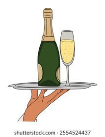 Bottle of champagne on tray with glass of champagne. The bottle is green and the glass is clear. Concept of celebration and enjoyment. Colored Outline vector drawing isolated on white background