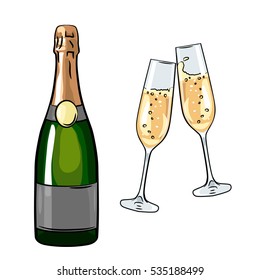 Bottle of champagne and pair of glasses, set of sketch style vector illustration isolated on white background. Hand drawn glasses with bubbly champagne, cheers, holiday toast