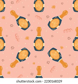 Bottle of champagne pattern, sparkly wine bottles seamless pattern hand drawn on the pink background for Christmas party celebration, birthday, anniversaries. Vector illustration, repeated wallpaper