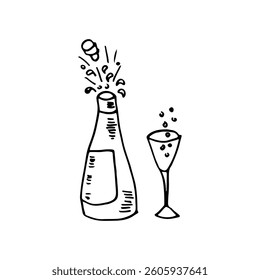 Bottle of champagne popping its cork with champagne glass hand-drawn vector.