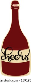 bottle of champagne, red wine with the inscription cheers, celebration, can be used as a sticker, card, gift, invitation, label, logo in a modern style lettering, handwritten