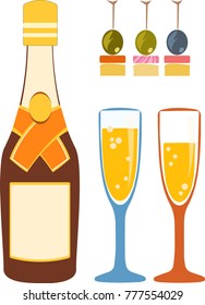a bottle of champagne, a canapé snack and two glasses of a drink