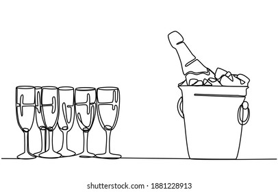 A Bottle of champagne sparkling wine in a bucket and Glasses. Continuous line in a trendy minimalist style. One line. Vector illustration of a party, celebration, holiday, etc.
