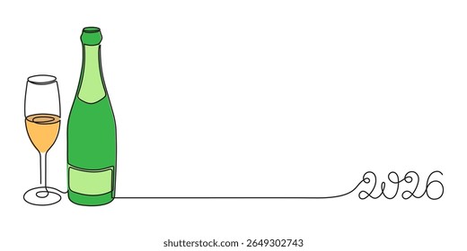 Bottle of champagne sparkling wine and glass celebrating 2026 new year, one line art, continuous drawing contour. Cheers toast, festive hand-drawn holiday decoration, Editable stroke. Isolated.
