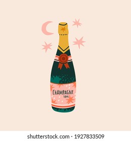 Bottle of Champagne. Sparkling wine. Hand drawn colorful Vector illustration. Celebration concept. Gretting card or Poster template. Bottle is isolated