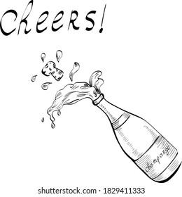 bottle of champagne with splash, hand drawn isolated illustration and lettering on white background. Concept for print, menu, logo