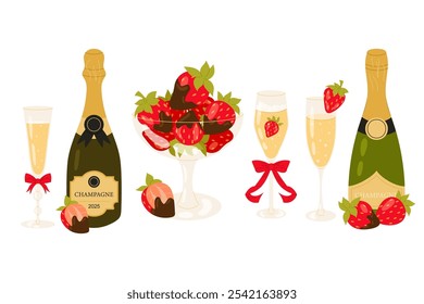 Bottle of champagne and strawberries. Set of vector illustrations of ripe chocolate covered strawberries, sparkling wine, glass with alcoholic drink. For postcards, poster, flyer, stickers, prints.