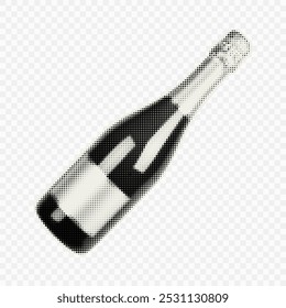 Bottle of champagne. Trendy element with halfton effect for a greeting card, collage, cover design.