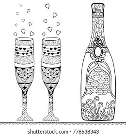 Bottle of champagne and two glasses. Doodle and zentangle style. Hand drawn coloring book. Vector illustration.