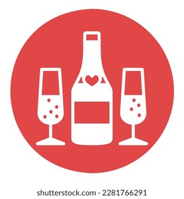 Bottle of champagne and two glasses isolated glyph icon. Vector illustration, romance elements. Sticker, patch, badge, card for marriage, valentine