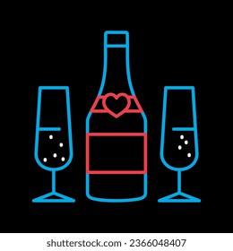 Bottle of champagne and two glasses isolated on black background icon. Vector illustration, romance elements. Sticker, patch, badge, card for marriage, valentine