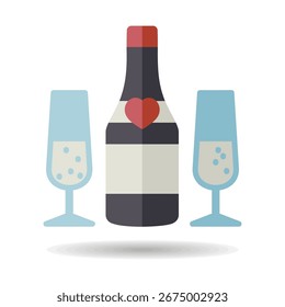 Botella de champán y dos vasos aislados icono. Ilustración vectorial, Elementos románticos. Etiqueta engomada, parche, insignia, tarjeta para el matrimonio, San Valentín