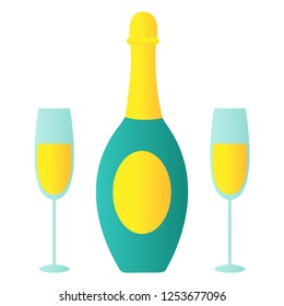 Bottle of Champagne and two glasses. Merry Christmas and Happy New Year 2019. Vector Illustration