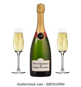 Bottle of Champagne and two glasses. Merry Christmas and Happy New Year 2022. Champagne for Your business project. Vector Illustration