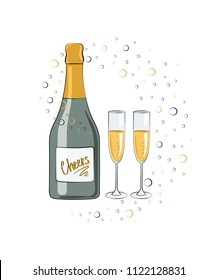 A bottle of champagne and two glasses on a white background in splashes of bubbles. Vector illustration.