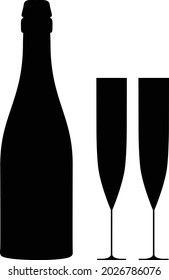 Bottle of champagne and two glasses. Silhouette Vector illustration.
