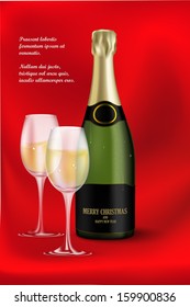 bottle of champagne with two glasses with silk