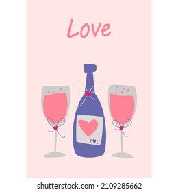 Una botella de champán y dos vasos. Imagen vectorial al estilo boho. día de San Valentín. Una tarjeta de saludo con una declaración de amor.