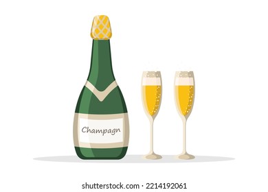 Flasche Champagner und zwei Gläser. Vektorgrafik