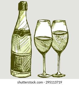 Bottle of champagne with two glasses. Vector Image