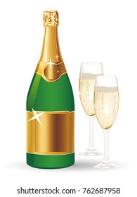 A bottle of champagne with two glasses. Vector illustration.