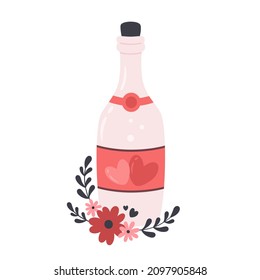 Bottle with champagne. Valentines day, love, romantic concept. Valentines day element. Vector illustration