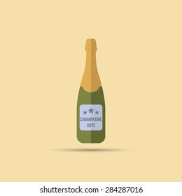 bottle of champagne vector colored flat icon on yellow background