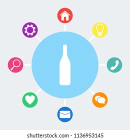 A bottle of champagne vector icon. Bonus icons: house, light bulb, phone, speech bubble, email, heart, magnifying glass, settings.