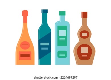 Bottle of champagne, vodka, schnapps, tequila in row. Icon bottle with cap and label. Great design for any purposes. Flat style. Color form. Party drink concept. Simple image shape. Vector.
