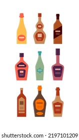 Bottle Of Champagne Whiskey Brandy Liquor Martini Cognac Rum. Graphic Design For Any Purposes. Flat Style. Color Form. Party Drink Concept. Simple Image Shape. Vector.
