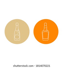 Botella de champán y whisky en forma de líneas delgadas. El fondo es círculo. Bebida de diseño de objetos aislados. Ilustración gráfica de estilo plano. Un icono sencillo para el restaurante, el pub, la fiesta. Vector.
