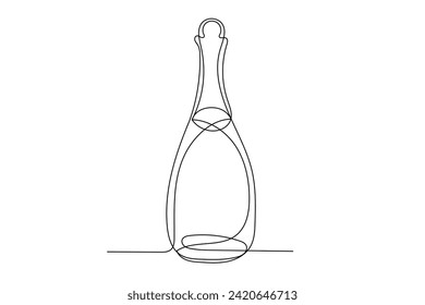 Bottle Of Champagne Wine Beverage Line Art Drawn Symbol. Doodle One Line Sketch Bottle Of Champagne Wine Beverage Curve Contour Silhouette. Farmhouse Wine Business Logo Banner Card Invitation Art
