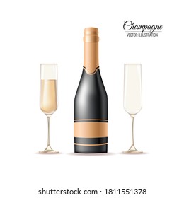 Bottle of champagne or wine. Empty and filled with drink glasses. Isolated vector illustration.