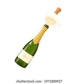 Bottle of champagne wine, exploding opening for celebration. Vector illustration cartoon flat icon isolated on white background.