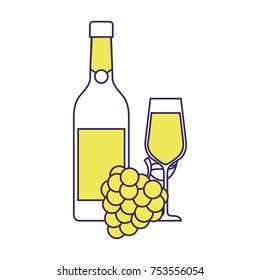 bottle champagne or wine and glass with bunch of grapes celebration vector illustration