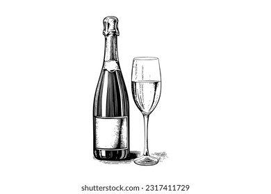 Bottle and Champagne   wine glass engraving style art  hand drawn sketch vector illustration 