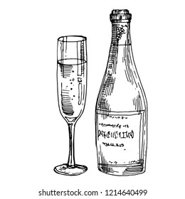 Bottle with Champagne wine glass line art, hadn drawn doodle sketch. Black and white stock vector illustration