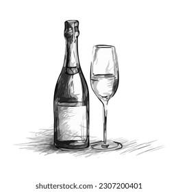 A bottle of champagne and a wine glass, sketch of isolated object, silhouette on white background, minimalistic style